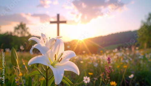Easter lilies bloom in a field with a cross at sunrise symbolizing hope and faith