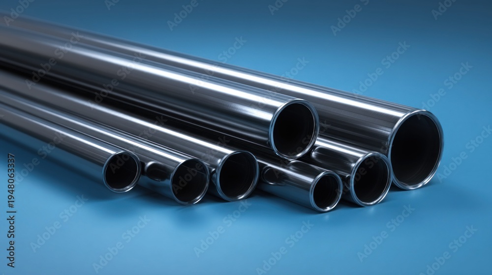 Fototapeta premium Collection of polished metal pipes of various diameters arranged on a blue background