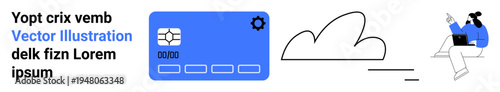 Digital payments, cloud storage, online banking, remote work, technology solutions, internet access. A credit card, cloud icon and a person on a laptop. Digital payments and cloud storage concept