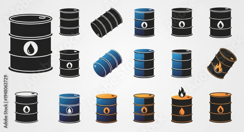 Collection of Oil Barrels in Various Styles and Conditions.