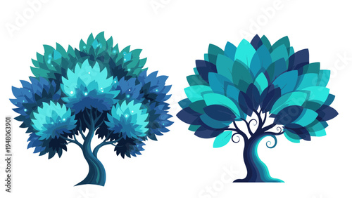 Two blue trees stand tall in a graphic illustration against a white background