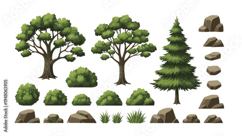 A serene landscape illustration of various trees, rocks, and bushes in a natural setting.