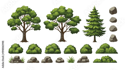 A serene outdoor setting features various trees and rocks with lush green bushes and grasses.