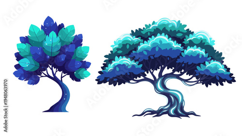 Vibrant blue trees with green leaves stand tall in a serene landscape illustration.