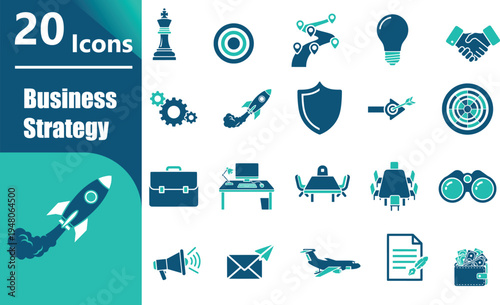 Business strategy icons on white background.