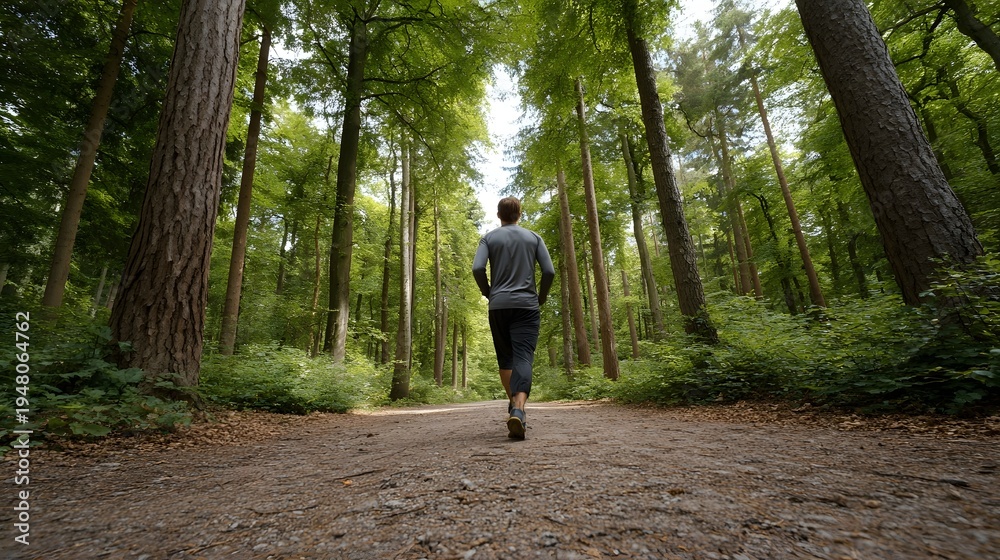 Fototapeta premium A person in athletic wear walks along a well trodden dirt path through a vibrant green forest with tall trees bathed in natural sunlight