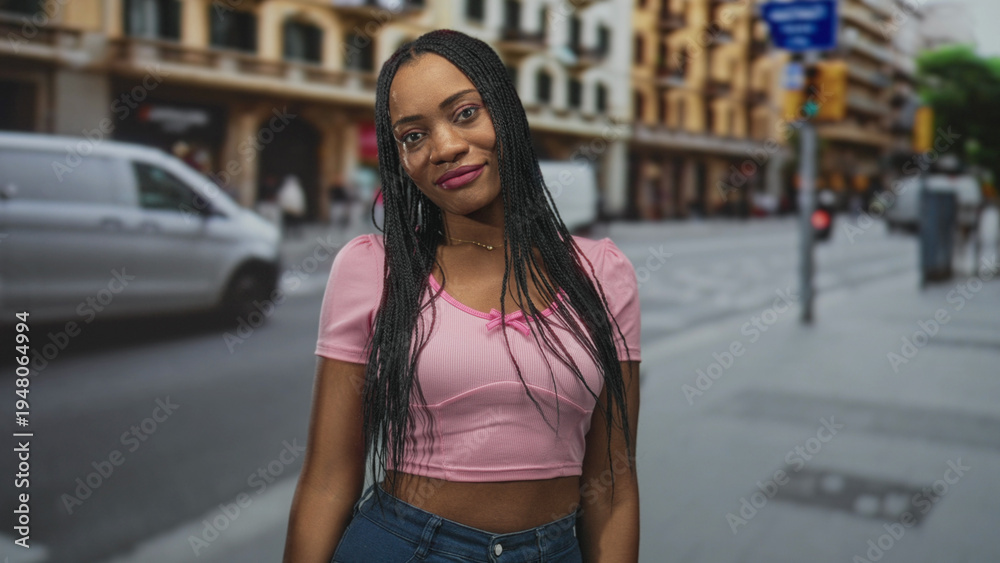 Fototapeta premium Black woman smiling at camera, showing midriff and long braids, wearing pink crop top while standing on a city street with passing van; confident casual.