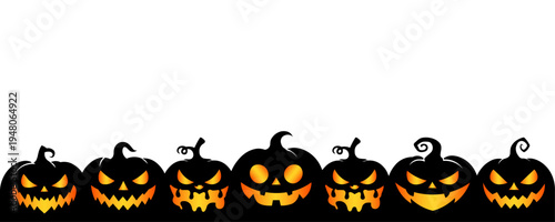 Halloween Pumpkin Jack-o-Lantern Border Set with Spooky Carved Faces and Glowing Orange Eyes Silhouette Collection - Isolated on Transparent White Background