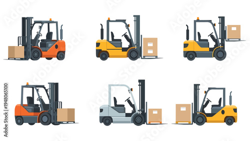 Forklift truck illustrations set. Warehouse material handling vehicles with cargo boxes. Logistics and industrial transport collection.
