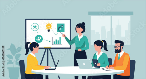 Business team brainstorming in modern office with presentation on whiteboard in flat colorful illustration for corporate