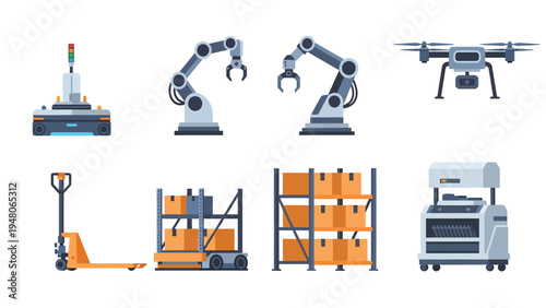 Modern Industrial Automation, Robotics, and Logistics Technology Equipment Flat Vector Set
