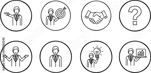 Professional businessman character set showing various gestures including pointing holding target question mark and presenting for corporate business communication.