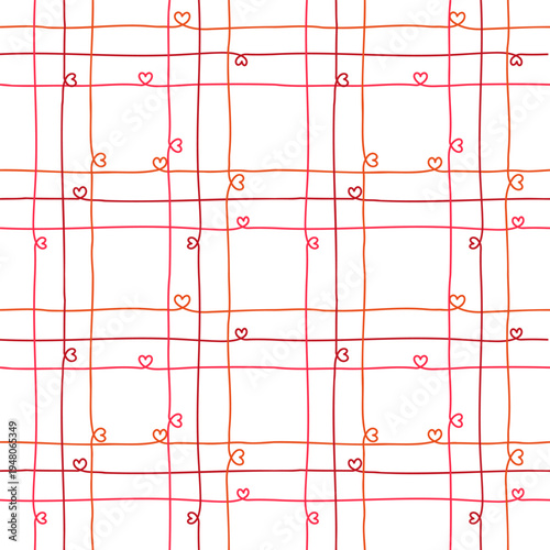 Line art hearts plaid seamless pattern for Valentine day, minimalist textile print, cute wrapping paper design, stripes with romantic symbols