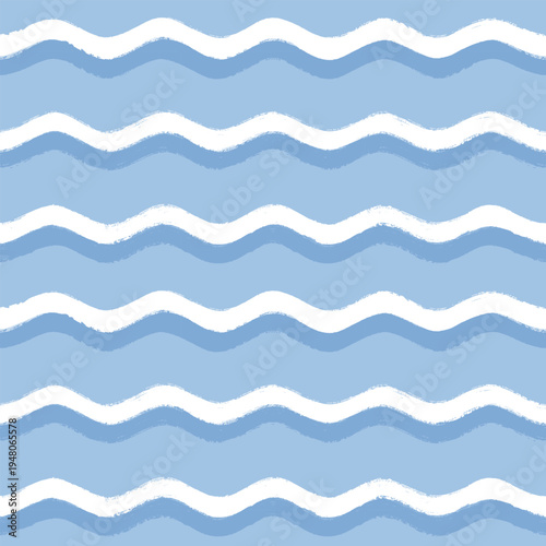 Seamless Wave Pattern, Hand drawn watercolor sea vector background. Wavy beach print, curly grunge paint  water lines.