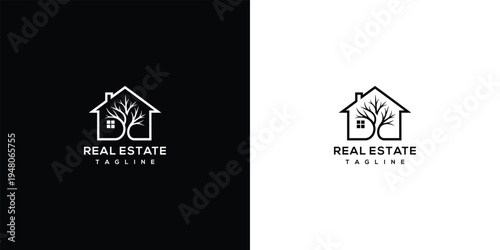 Real Estate Logo Design Modern House Tree Symbol Minimalist Property Branding Vector Icon.