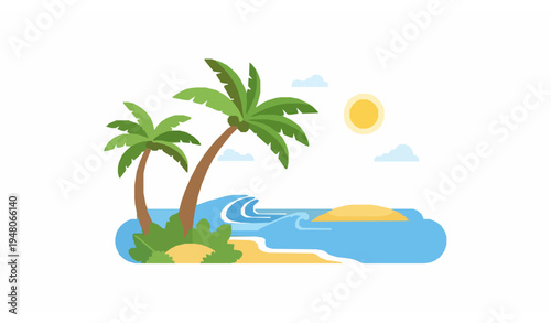 Tropical beach landscape vector with palm trees ocean waves and sunny summer island vacation scene