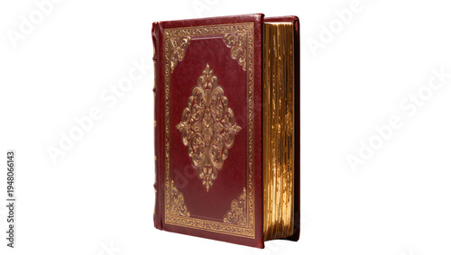 Isolated antique red leather bound book with elaborate golden embossed design and gilded pages.