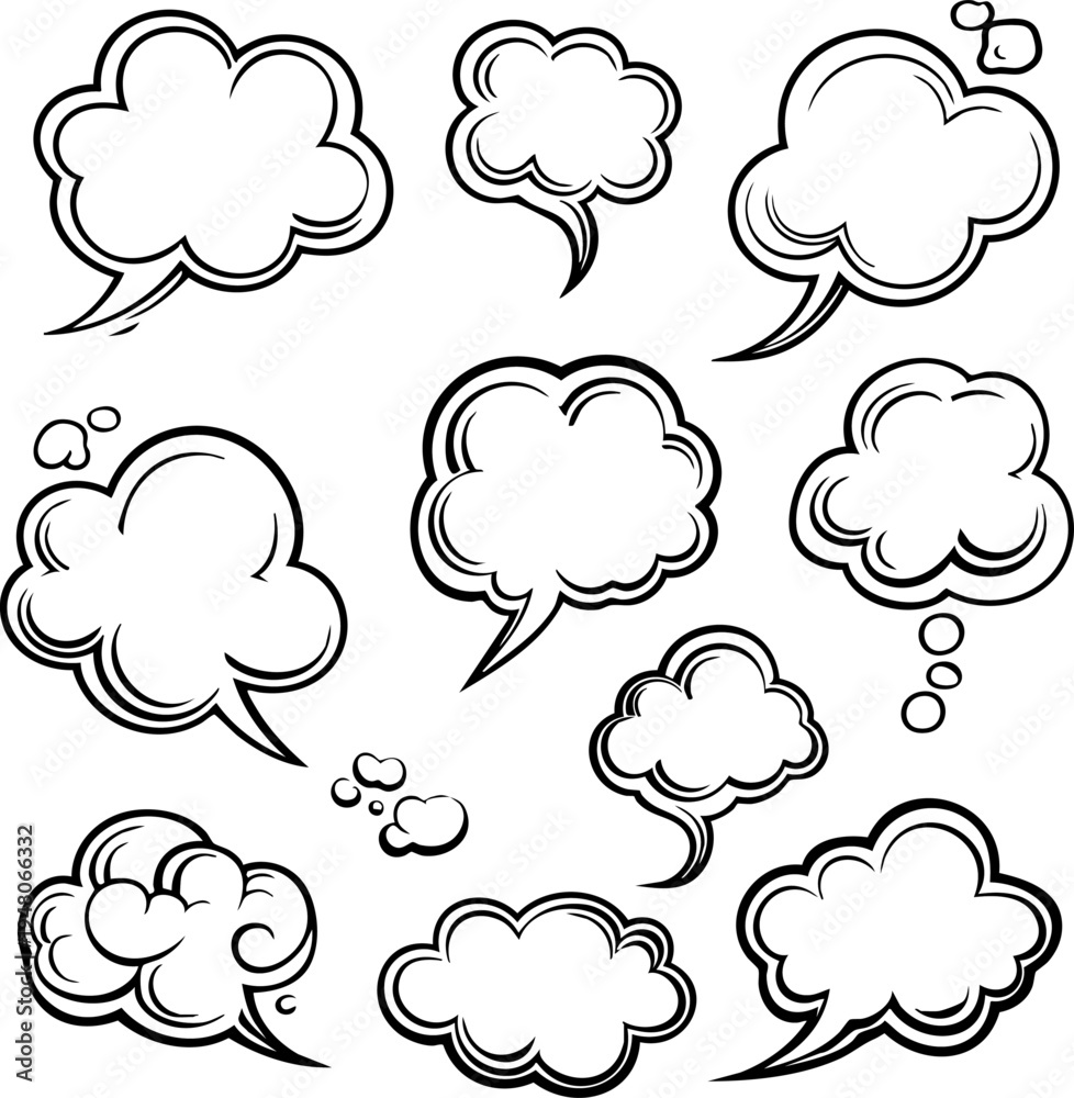 Obraz premium Hand-drawn comic speech bubbles and thought clouds collection, black and white vector set