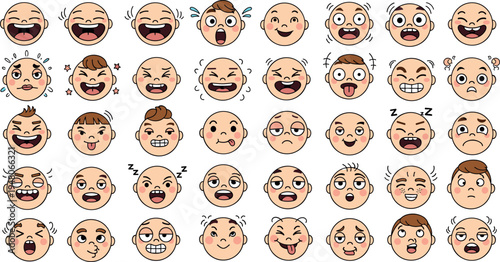 Cute cartoon emoji faces collection vector set expressive characters laughing crying surprised happy emotions comic avatar icons