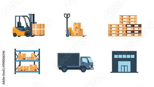 Logistics and Warehouse Icon Set with Forklift, Pallets, Truck, Shelves, and Storage Building