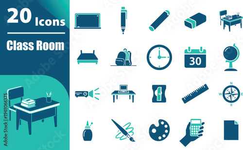 Classroom icons and educational objects.