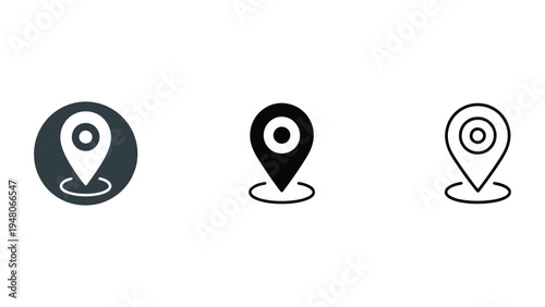  Set of three stylized location pin icons in solid, silhouette, and outline variations, representing navigation, maps, and geolocation markers for modern digital design and user interface graphics