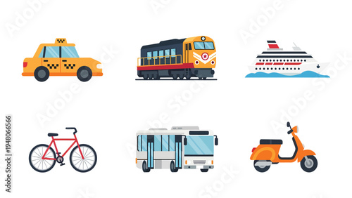 Diverse City & Travel Transportation Modes. Flat Design Icons: Taxi, Train, Ship, Bicycle, Bus, Scooter.