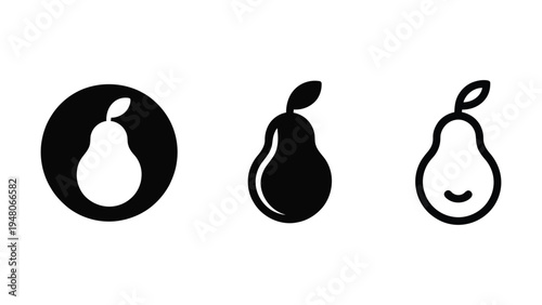  Three stylized pear icons in black and white, featuring circular silhouette, bold solid design, and playful outlined variation, ideal for logo design, branding, food, and modern vector illustration