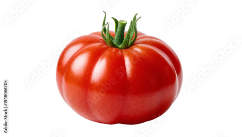 Fotografi Isolated ripe vibrant red beefsteak tomato with green calyx and stem perfect for