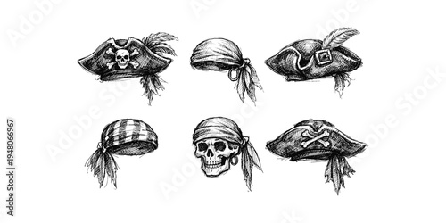 Collection of hand-drawn pirate hats and skull bandanas in sketch style