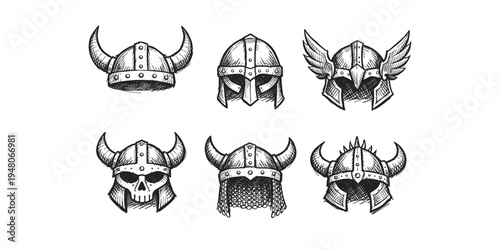 Collection of hand-drawn Viking helmets with horns, wings, and skull designs