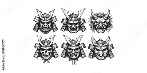Collection of six hand-drawn Japanese samurai masks and demon faces in sketch style