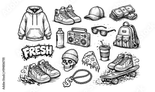 Collection of urban lifestyle elements including clothing, accessories, and food items