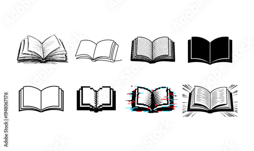 Collection of diverse open book icons in various artistic styles and digital formats