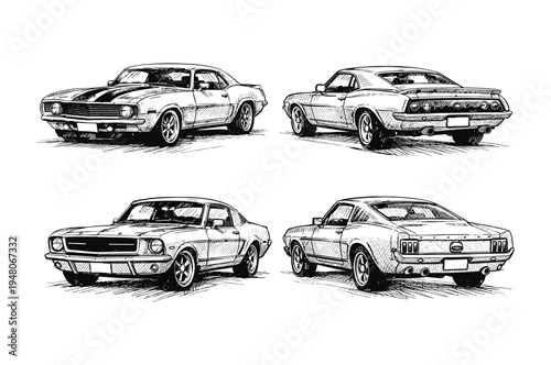 Collection of classic American muscle cars in a vintage sketch style