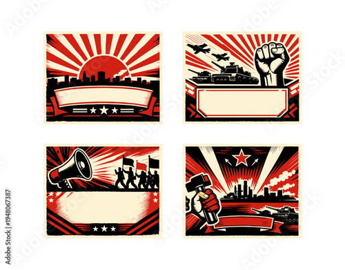 Retro propaganda posters featuring revolutionary symbols and cityscapes with copy space