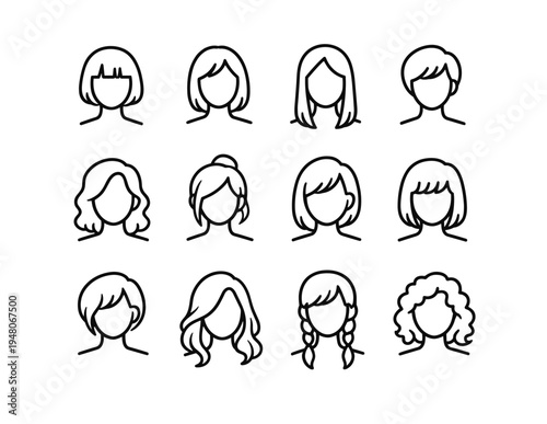 Collection of diverse female hairstyles in simple outline icons on a white background