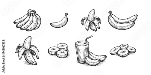 Hand-drawn sketch collection of bananas, slices, and banana smoothie in a glass