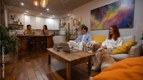 Friends and dog enjoying a casual gathering in a modern apartment living room and kitchen