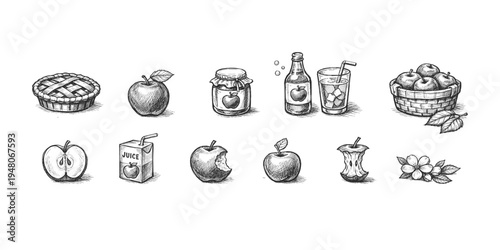 Hand-drawn apple products and elements collection in sketch style