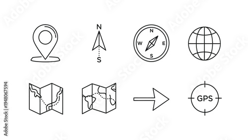 Line Art Navigation & Location Icons Set: Map Pin, Compass, Globe, GPS, Travel Routes & Direction Arrows