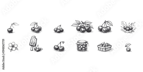 Collection of hand-drawn cherry illustrations in sketch style, showing different forms and preparations