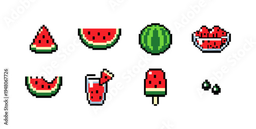 Pixel art watermelon collection: slices, whole fruit, juice, popsicle, and seeds