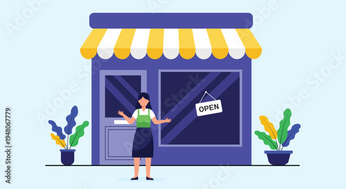 Small Business Shop Open Storefront – Retail Startup and Local Store Flat Vector Illustration
