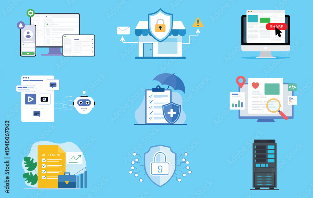 Fototapeta premium Cyber Security, Data Protection and Website Safety – Privacy Protection, Secure Server and Digital Security Flat Vector Illustration Set