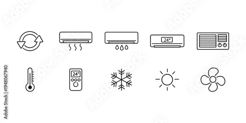 Collection of line icons representing air conditioning functions and climate control elements