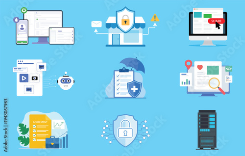 Cyber Security, Data Protection and Website Safety – Privacy Protection, Secure Server and Digital Security Flat Vector Illustration Set