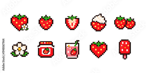 Pixel art collection of strawberries and strawberry-themed items in various forms