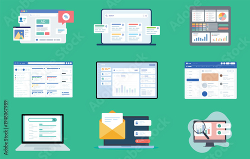 Digital Marketing Dashboard, Search Engine and Email Marketing – Online Advertising Analytics and Web Interface Flat Vector Illustration Set