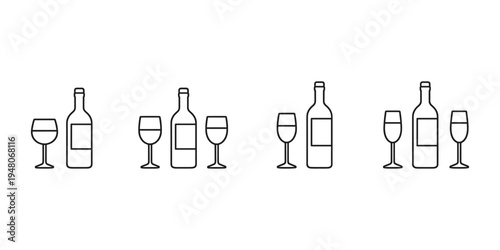 Set of minimalist line art icons representing wine bottles and glasses in various arrangements